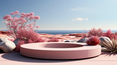 Modern pink podium overlooking the sea with floral arrangementの素材