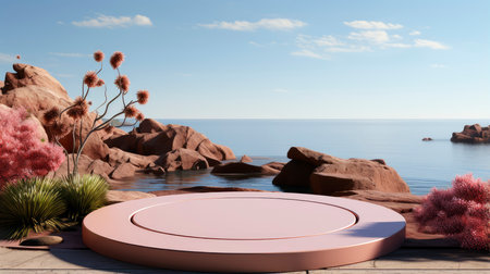 Modern pink podium overlooking the sea with floral arrangementの素材