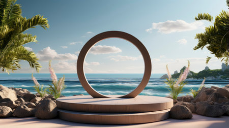 Modern pink podium overlooking the sea with floral arrangementの素材