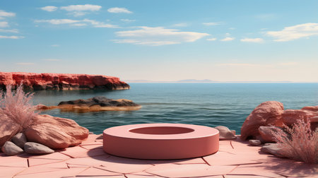 Modern pink podium overlooking the sea with floral arrangementの素材