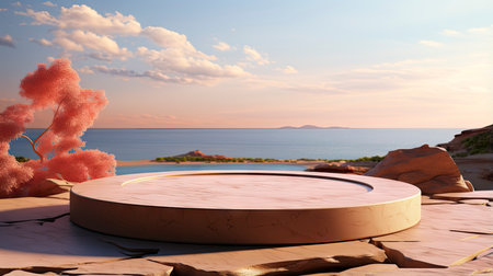 Modern pink podium overlooking the sea with floral arrangementの素材