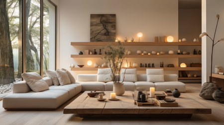 Luxurious modern living room at dusk with nature viewの素材