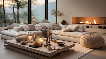 Luxurious modern living room at dusk with nature viewの素材