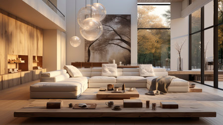Luxurious modern living room at dusk with nature viewの素材