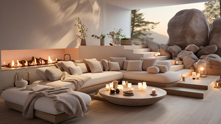 Luxurious modern living room at dusk with nature viewの素材