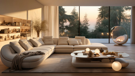 Luxurious modern living room at dusk with nature viewの素材