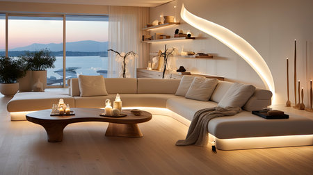 Luxurious modern living room at dusk with nature viewの素材