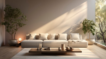 Luxurious modern living room at dusk with nature viewの素材