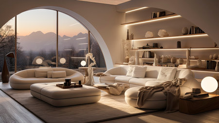 Luxurious modern living room at dusk with nature viewの素材