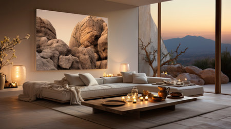 Luxurious modern living room at dusk with nature viewの素材