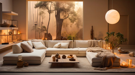 Luxurious modern living room at dusk with nature viewの素材