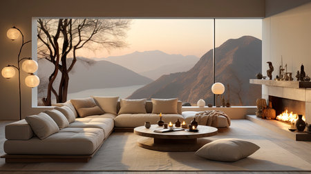 Luxurious modern living room at dusk with nature viewの素材