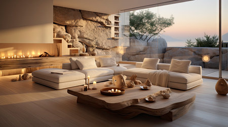 Luxurious modern living room at dusk with nature viewの素材