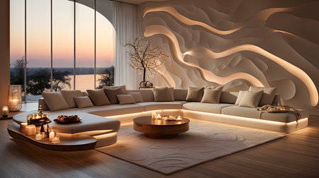 Luxurious modern living room at dusk with nature viewの素材