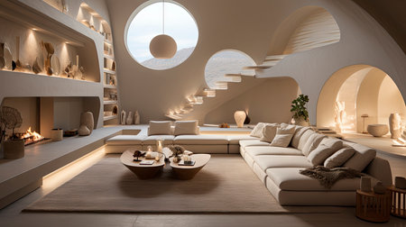 Luxurious modern living room at dusk with nature viewの素材