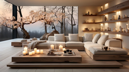Luxurious modern living room at dusk with nature viewの素材