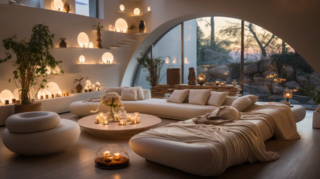 Luxurious modern living room at dusk with nature viewの素材