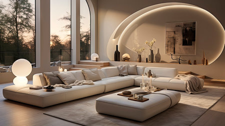 Luxurious modern living room at dusk with nature viewの素材