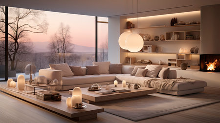 Luxurious modern living room at dusk with nature viewの素材