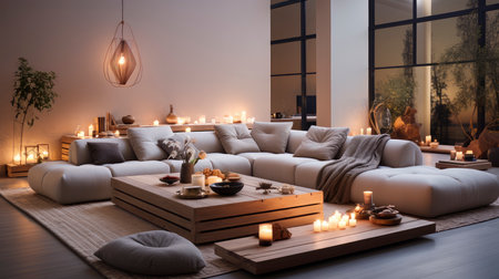 Luxurious modern living room at dusk with nature viewの素材