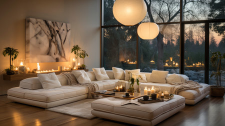 Luxurious modern living room at dusk with nature viewの素材