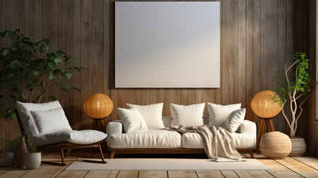 Luxurious modern living room at dusk with nature viewの素材