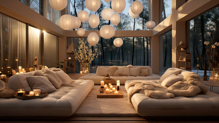 Luxurious modern living room at dusk with nature viewの素材