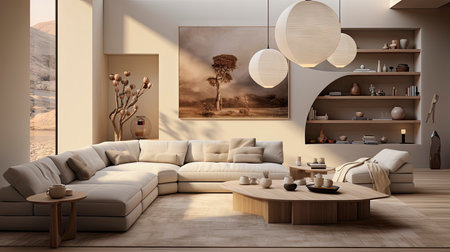 Luxurious modern living room at dusk with nature viewの素材