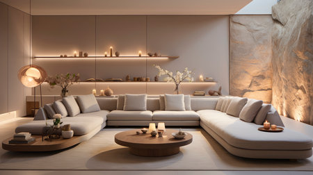 Luxurious modern living room at dusk with nature viewの素材