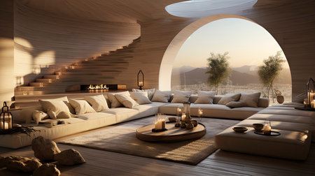 Luxurious modern living room at dusk with nature viewの素材