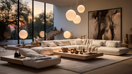 Luxurious modern living room at dusk with nature viewの素材