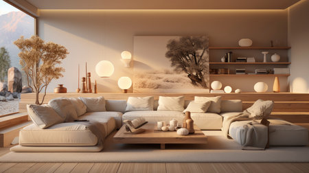 Luxurious modern living room at dusk with nature viewの素材
