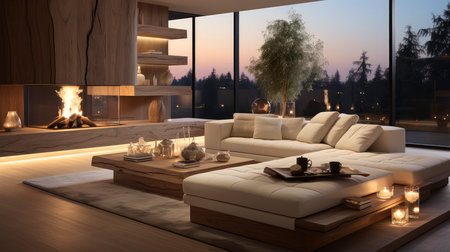 Luxurious modern living room at dusk with nature viewの素材
