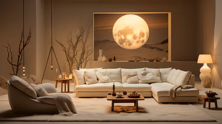 Luxurious modern living room at dusk with nature viewの素材