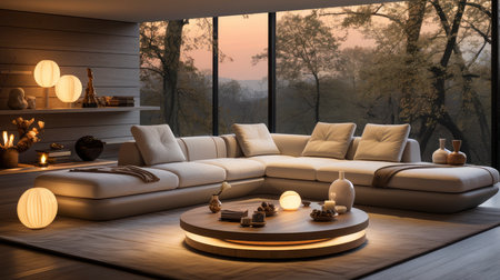 Luxurious modern living room at dusk with nature viewの素材