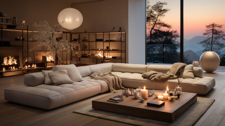 Luxurious modern living room at dusk with nature viewの素材