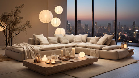 Luxurious modern living room at dusk with nature viewの素材