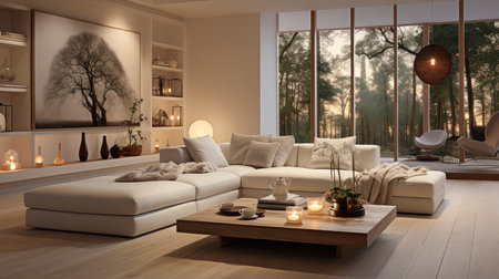 Luxurious modern living room at dusk with nature viewの素材