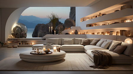 Luxurious modern living room at dusk with nature viewの素材