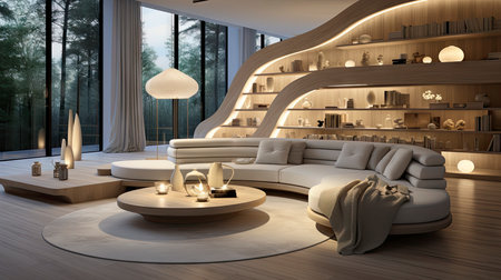 Luxurious modern living room at dusk with nature viewの素材