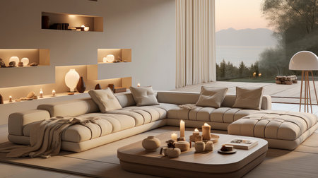 Luxurious modern living room at dusk with nature viewの素材