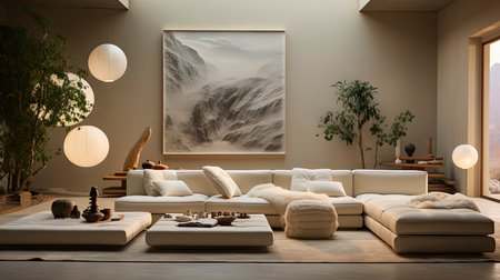 Luxurious modern living room at dusk with nature viewの素材