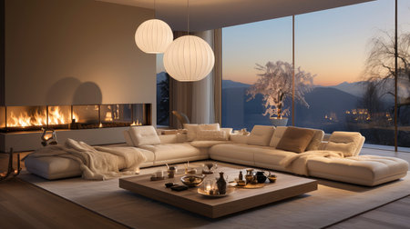 Luxurious modern living room at dusk with nature viewの素材