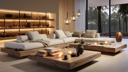Luxurious modern living room at dusk with nature viewの素材