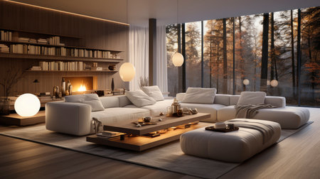 Luxurious modern living room at dusk with nature viewの素材