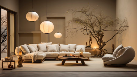 Luxurious modern living room at dusk with nature viewの素材