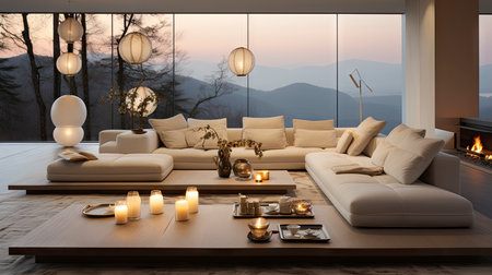 Luxurious modern living room at dusk with nature viewの素材