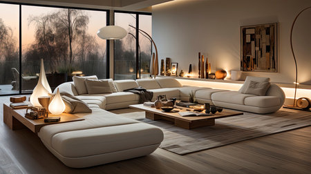 Luxurious modern living room at dusk with nature viewの素材