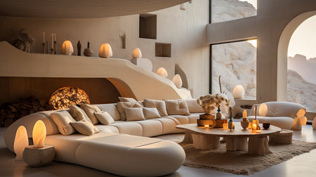 Luxurious modern living room at dusk with nature viewの素材