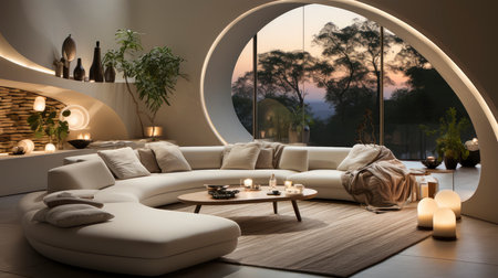 Luxurious modern living room at dusk with nature viewの素材